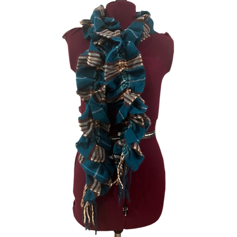 Blue and brown plaid scarf with a ruffle design